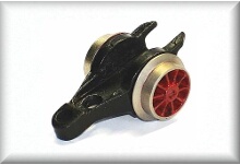 First running/trailing axle, complete with spoked wheel set, red, for ES 800, MS 800, Zinc cast iron nickel-plated, price per piece.