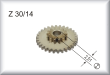 Double gear wheel, module 0.4, number of teeth 30/14, price per item.