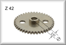 Zweites Zahnrad nach Anker 42 Z, Modul 0,4, Messing (Ni), passend für breiten Motor   ,  Preis pro Stück. 