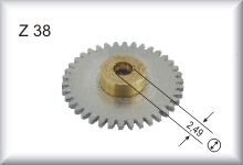 Zahnrad, 38 Z, Modul 0,4, Alu und Messing, befindet sich zwischen den 2 angetrieben Achsen im Fahrwerk, nur für 700er Serie, kann auch für 800er verwendet werden, Preis pro stück.