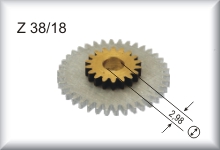 Zweites Zahnrad nach Anker, Z 38/18, Modul 0,4, Alu und Messing, passend für schmalen Vorkriegsmotor, Preis pro Stück.  