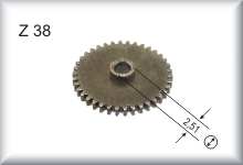 Intermediate gear wheel, module 0.4, burnished brass, number of teeth 38, price per piece.