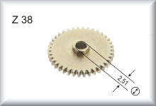 Intermediate gear wheel, module 0.4, number of teeth 38, brass nickel-plated, price per piece.