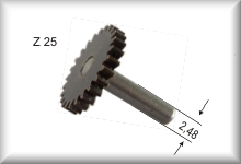 Intermediate gear wheel with axle, module 0.4, number of teeth 25, burnished, price per piece.