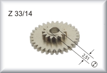 Doppelzahnrad Z 33/14, Modul 0,4, Messing (Ni), Preis pro Stück.