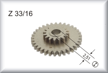 Double gear wheel, module 0.4, number of teeth 33/16, price per piece.