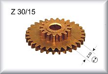 Double gear wheel, module 0.4, number of teeth 30/15, price per piece.