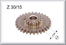 Double gear wheel, module 0.4, number of teeth 30/15, price per piece.